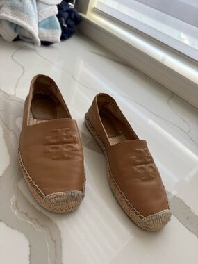 Tory Burch Cognac Leather Espadrille Flats with Embossed Logo